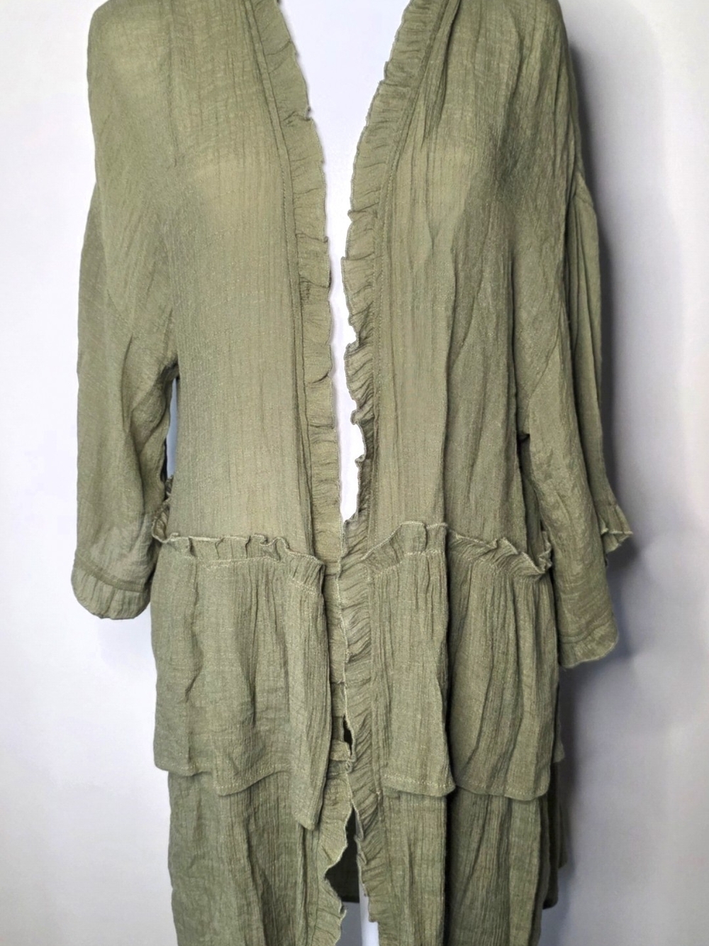 Easel Olive Tencel Ruffle Duster Cardigan Boho M - Picture 3 of 10